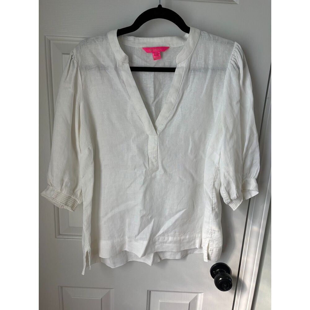 Lilly Pulitzer Mialeigh Elbow Sleeve 100% Linen Top Blouse White Size 12